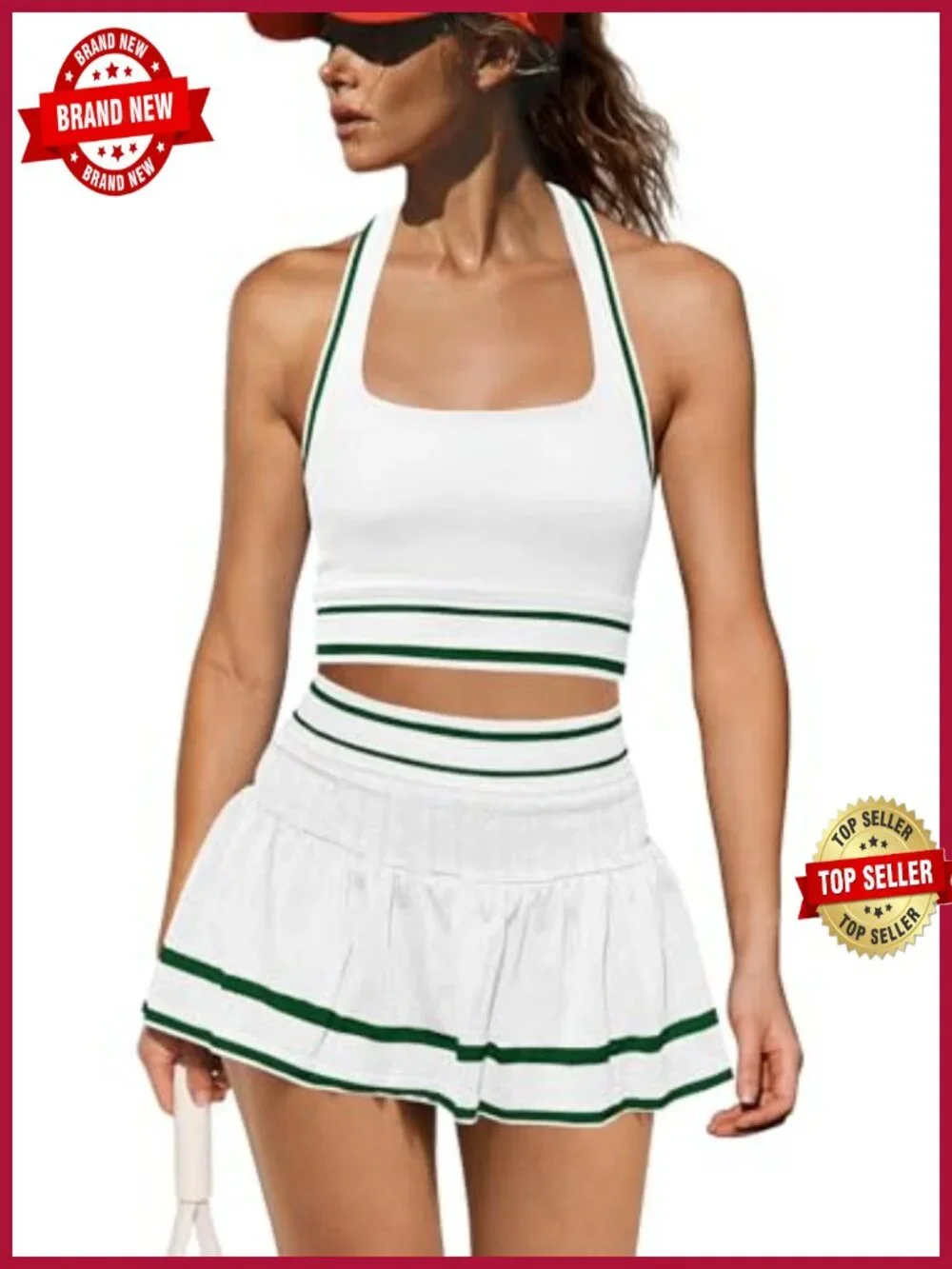 Women's 2 Piece Tennis Skirt Set - Cropped Tank Top and Skort with Built-in